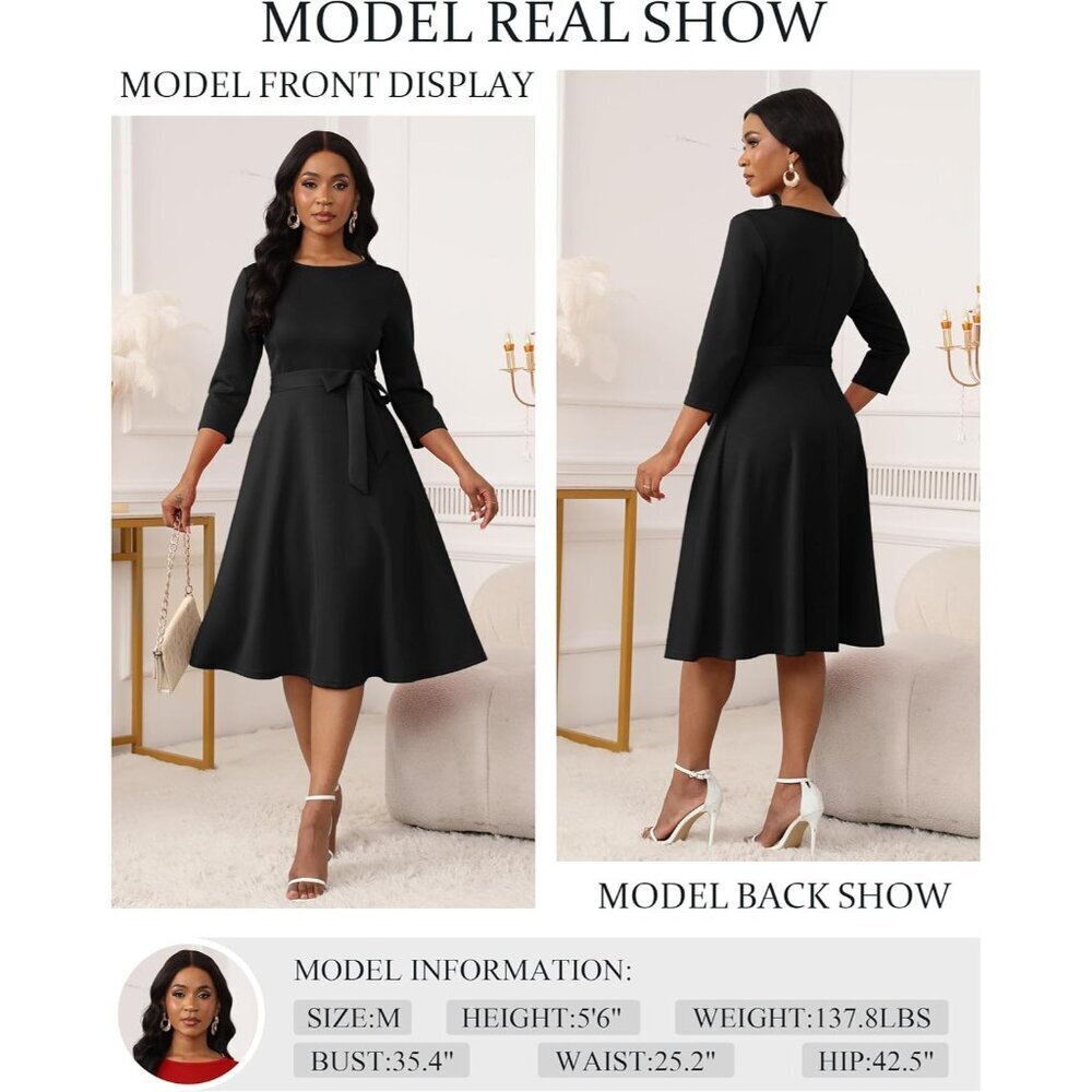 Women's Vintage Cocktail Dress 3/4 Sleeves A-line XS-3XL Soft & Breathable - Picture 2 of 5